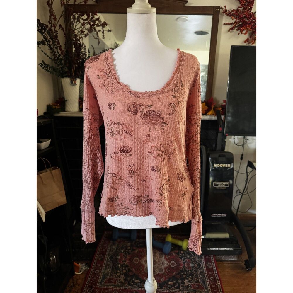 We The Free Womens M Pink Floral Long Sleeve Top Free People Textured Boho Y2K